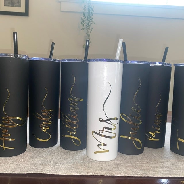 Personalized Tall Metal Tumblers with Lid and Straw Bridesmaid Gifts Rose Gold Blush Pink Custom Cups BULK DISCOUNT on Set of 5 6 7 8 9 +