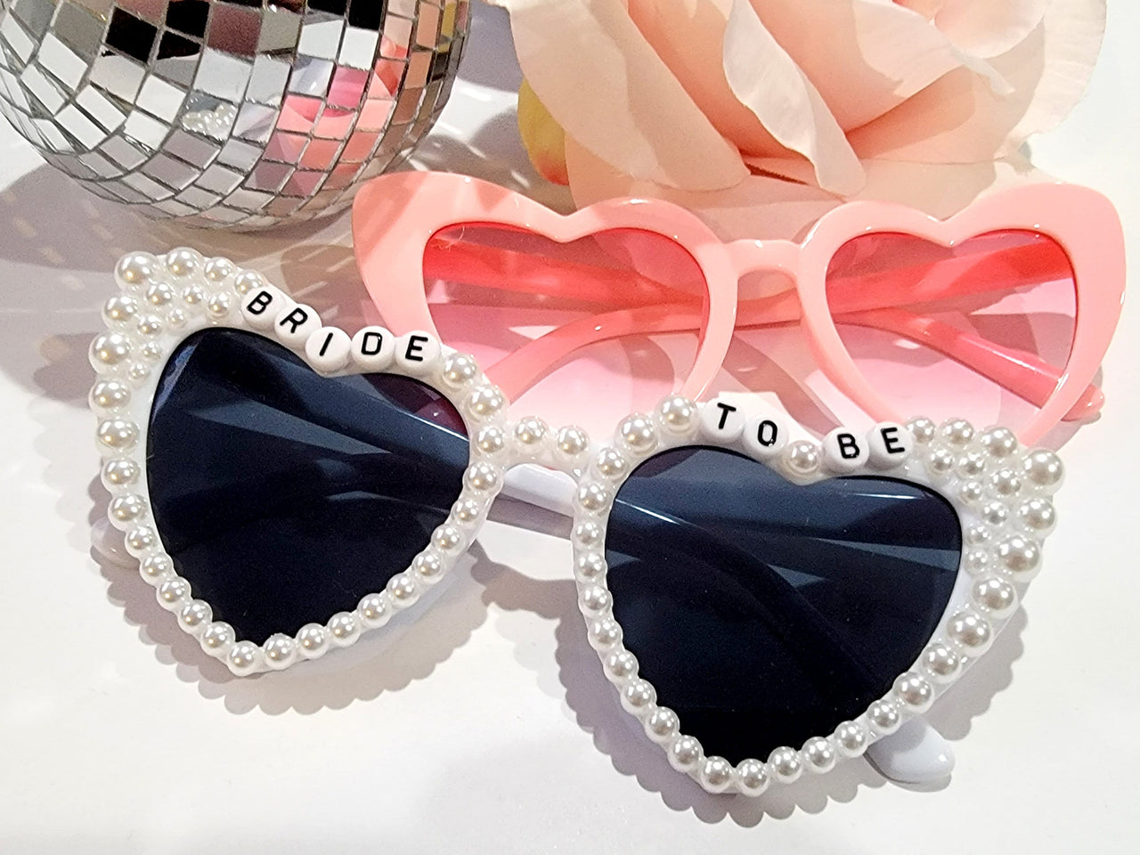 Bride to Be Heart Sunglasses with Pearls and Pink Retro Bridesmaid Sunglasses