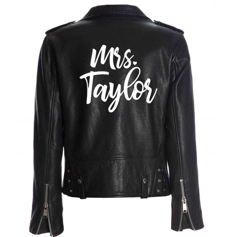 Custom Mrs. Leather Jacket Iron on Heat Transfer Mrs. Jacket Mrs. denim jacket Personalized Decal Bride leather jacket bride jacket -HT26HTV