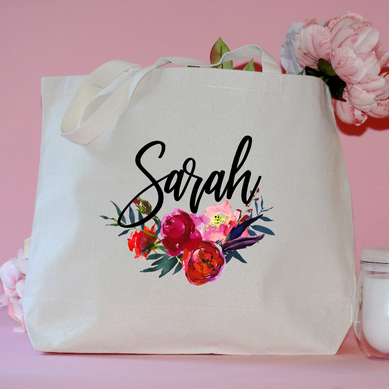 Personalized Large Canvas Tote Bag floral print with name bridesmaid totes beach tropical bright gift for maid of honor mother of -LTB10OKI
