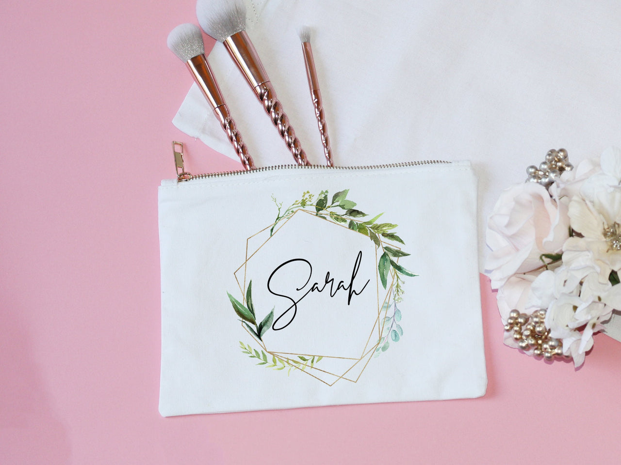 Personalized Bridesmaid Makeup Bag with tassel pretty floral geo bride cosmetic bag with gold zipper satin lined floral cosmetic pouch gift