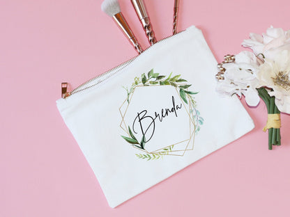 Personalized Bridesmaid Makeup Bag with tassel pretty floral geo bride cosmetic bag with gold zipper satin lined floral cosmetic pouch gift