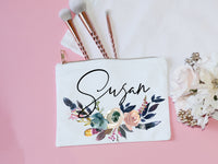 Thumbnail for Personalized Bridesmaid Makeup Bag with tassel vintage boho floral bride cosmetic bag with gold zipper satin lined bridal party pouch