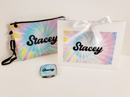 Gift Box Set | Bridesmaid Proposal | Personalized Bridesmaids Gifts | Makeup Bag Zipper Pouch Compact Mirror Pink Tie Dye Rave Hippie Gifts