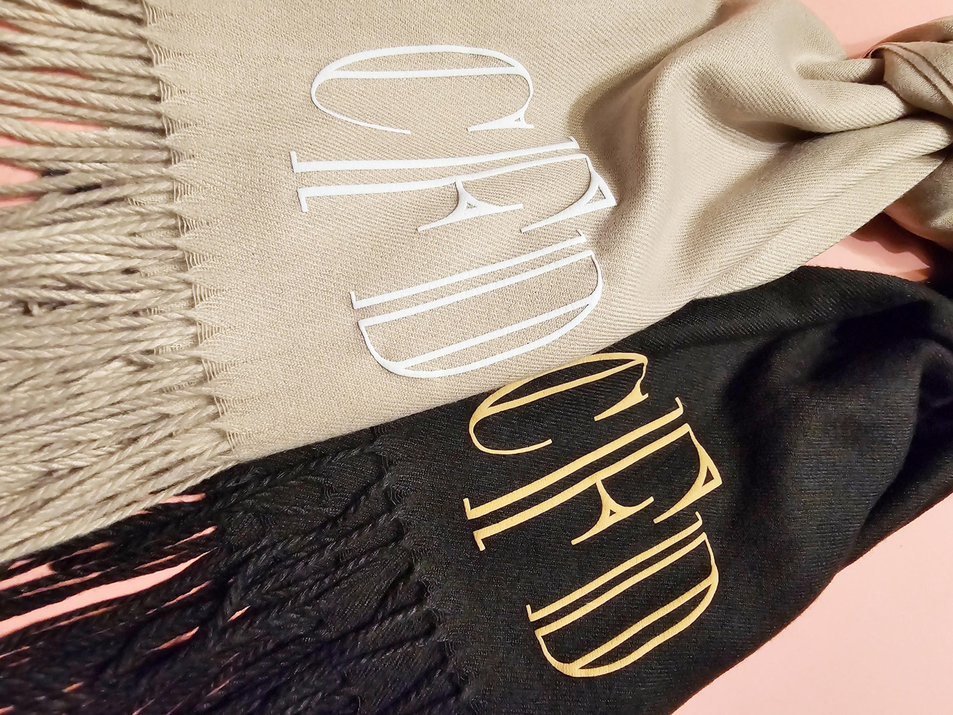 Monogram pashmina with 3D puff print, Unique Gift For Her, Beige Tan neutrals, colorful monogrammed,