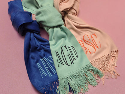 Monogram pashmina with 3D puff print, Unique Gift For Her, Beige Tan neutrals, colorful monogrammed,