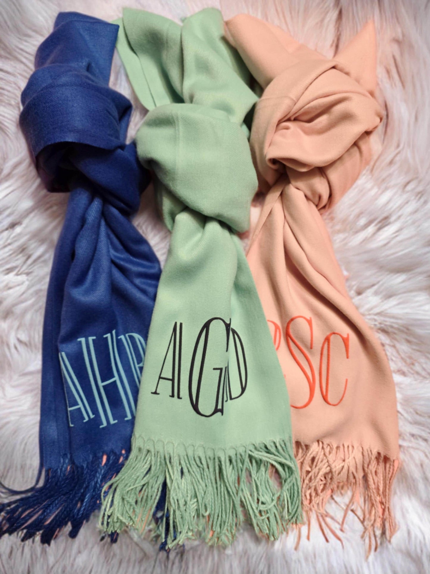 Monogram pashmina with 3D puff print, Beige tan neutrals, colorful monogrammed gifts for her