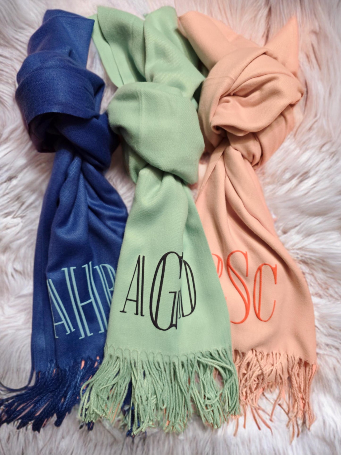 Monogram pashmina with 3D puff print, Unique Gift For Her, Beige Tan neutrals, colorful monogrammed,