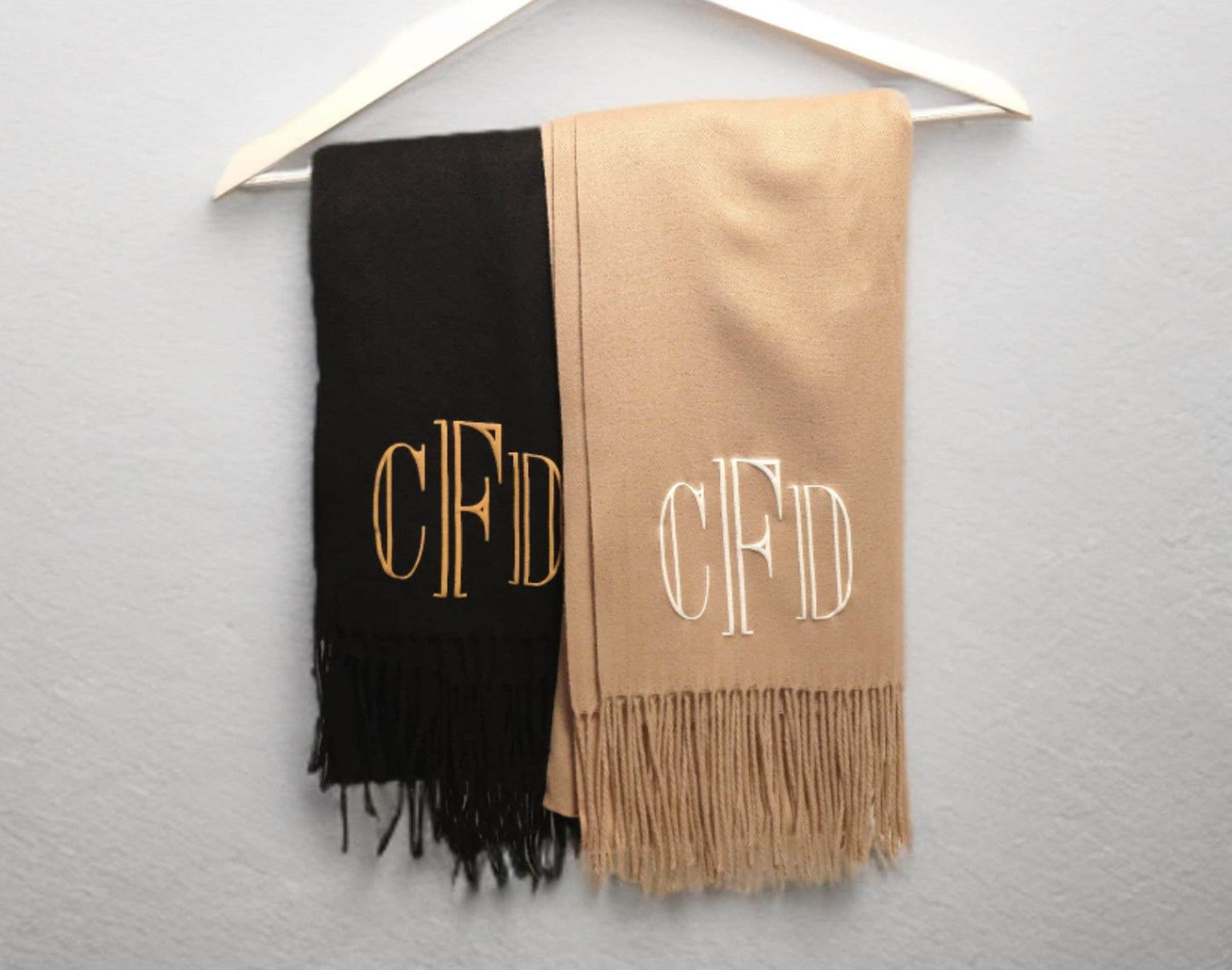 Monogram pashmina with 3D puff print, Beige tan neutrals, colorful monogrammed gifts for her