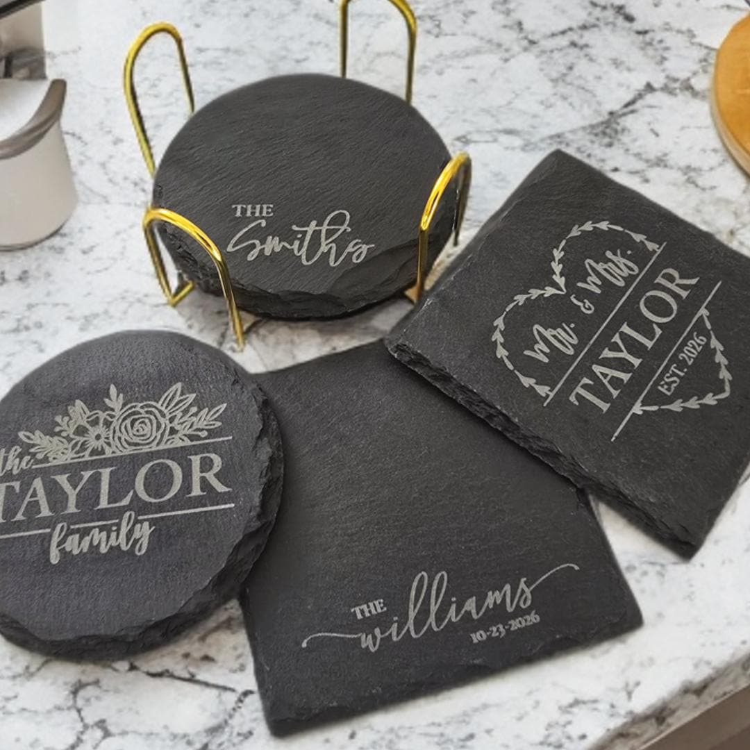 Engraved Slate Coasters | Custom Unique Wedding Gift Personalized Housewarming Gift Set | Last Name Stone Coaster | Newlywed Gift for couple