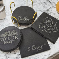 Thumbnail for Engraved Slate Coasters | Custom Unique Wedding Gift Personalized Housewarming Gift Set | Last Name Stone Coaster | Newlywed Gift for couple