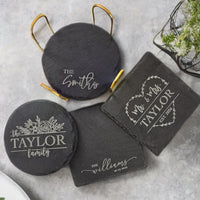 Thumbnail for Engraved Slate Coasters | Custom Unique Wedding Gift Personalized Housewarming Gift Set | Last Name Stone Coaster | Newlywed Gift for couple
