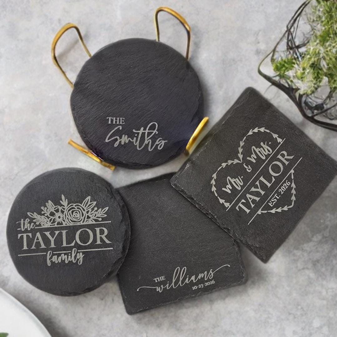 Engraved Slate Coasters | Custom Unique Wedding Gift Personalized Housewarming Gift Set | Last Name Stone Coaster | Newlywed Gift for couple