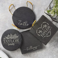 Thumbnail for Engraved Slate Coasters | Custom Unique Wedding Gift Personalized Housewarming Gift Set | Last Name Stone Coaster | Newlywed Gift for couple