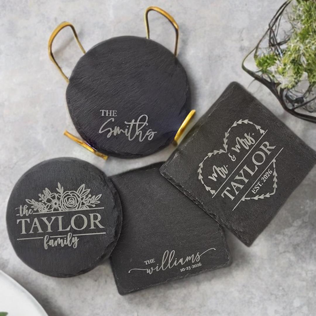 Engraved Slate Coasters | Custom Unique Wedding Gift Personalized Housewarming Gift Set | Last Name Stone Coaster | Newlywed Gift for couple