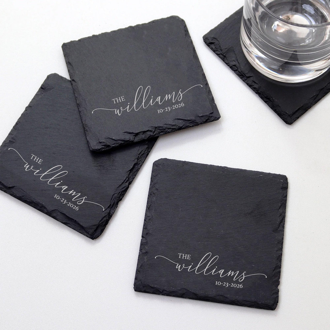 Engraved Slate Coasters | Custom Unique Wedding Gift Personalized Housewarming Gift Set | Last Name Stone Coaster | Newlywed Gift for couple
