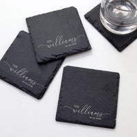 Thumbnail for Engraved Slate Coasters | Custom Unique Wedding Gift Personalized Housewarming Gift Set | Last Name Stone Coaster | Newlywed Gift for couple