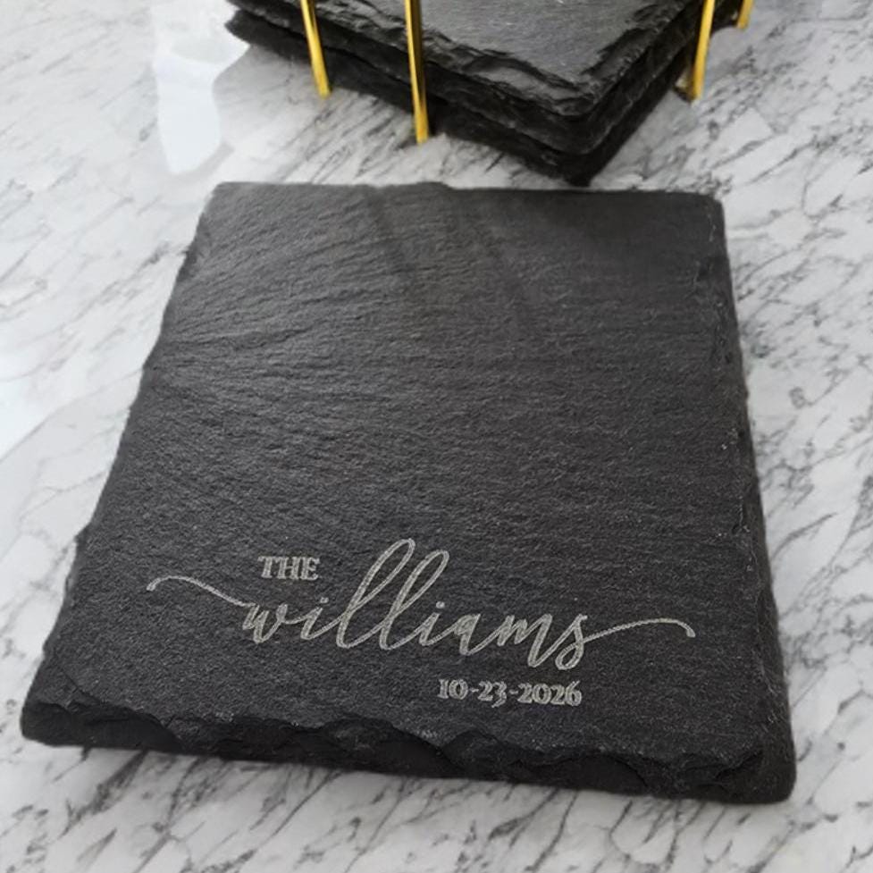 Engraved Slate Coasters | Custom Unique Wedding Gift Personalized Housewarming Gift Set | Last Name Stone Coaster | Newlywed Gift for couple