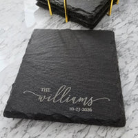 Thumbnail for Engraved Slate Coasters | Custom Unique Wedding Gift Personalized Housewarming Gift Set | Last Name Stone Coaster | Newlywed Gift for couple