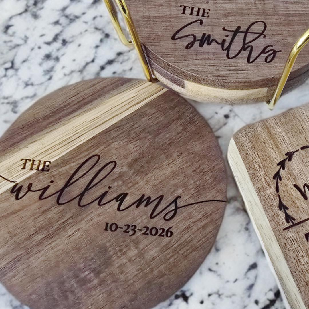 Engraved Wooden Coasters | Custom Unique Wedding Gift | Personalized Housewarming Gift Set | Last Name Coaster | Newlywed Gift for couple