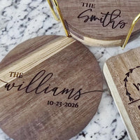 Thumbnail for Engraved Wooden Coasters | Custom Unique Wedding Gift | Personalized Housewarming Gift Set | Last Name Coaster | Newlywed Gift for couple