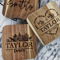 Thumbnail for Engraved Wooden Coasters | Custom Unique Wedding Gift | Personalized Housewarming Gift Set | Last Name Coaster | Newlywed Gift for couple