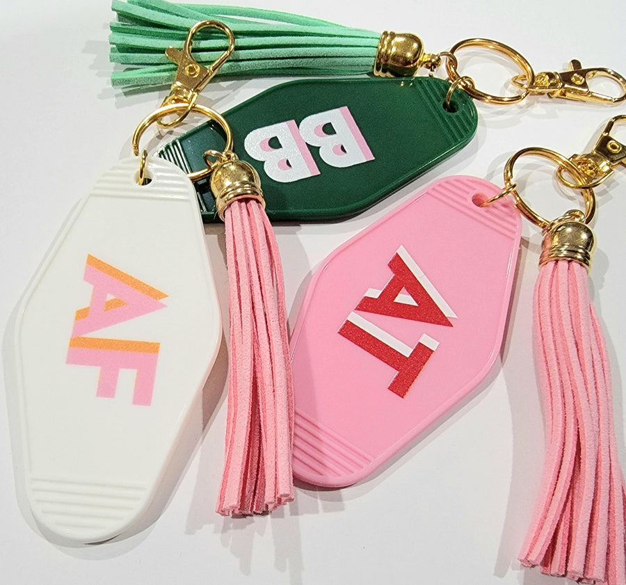 Personalized Shadow Monogram Retro Motel Keychain, Custom Key ring, Bridesmaid Gift, Bridal shower favors, Preppy country club pool party