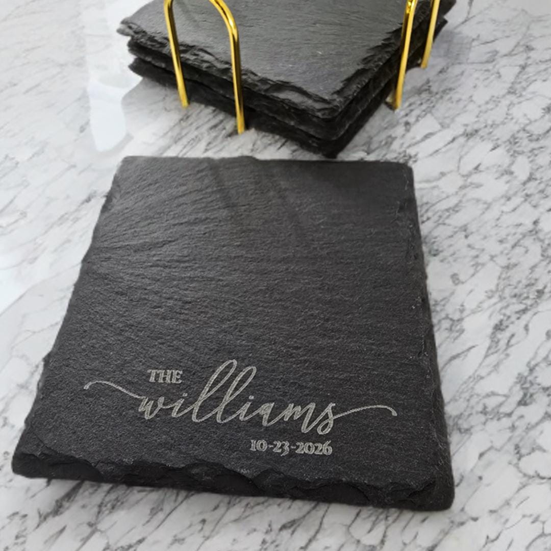 Engraved Slate Coasters | Custom Unique Wedding Gift Personalized Housewarming Gift Set | Last Name Stone Coaster | Newlywed Gift for couple