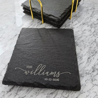 Thumbnail for Engraved Slate Coasters | Custom Unique Wedding Gift Personalized Housewarming Gift Set | Last Name Stone Coaster | Newlywed Gift for couple