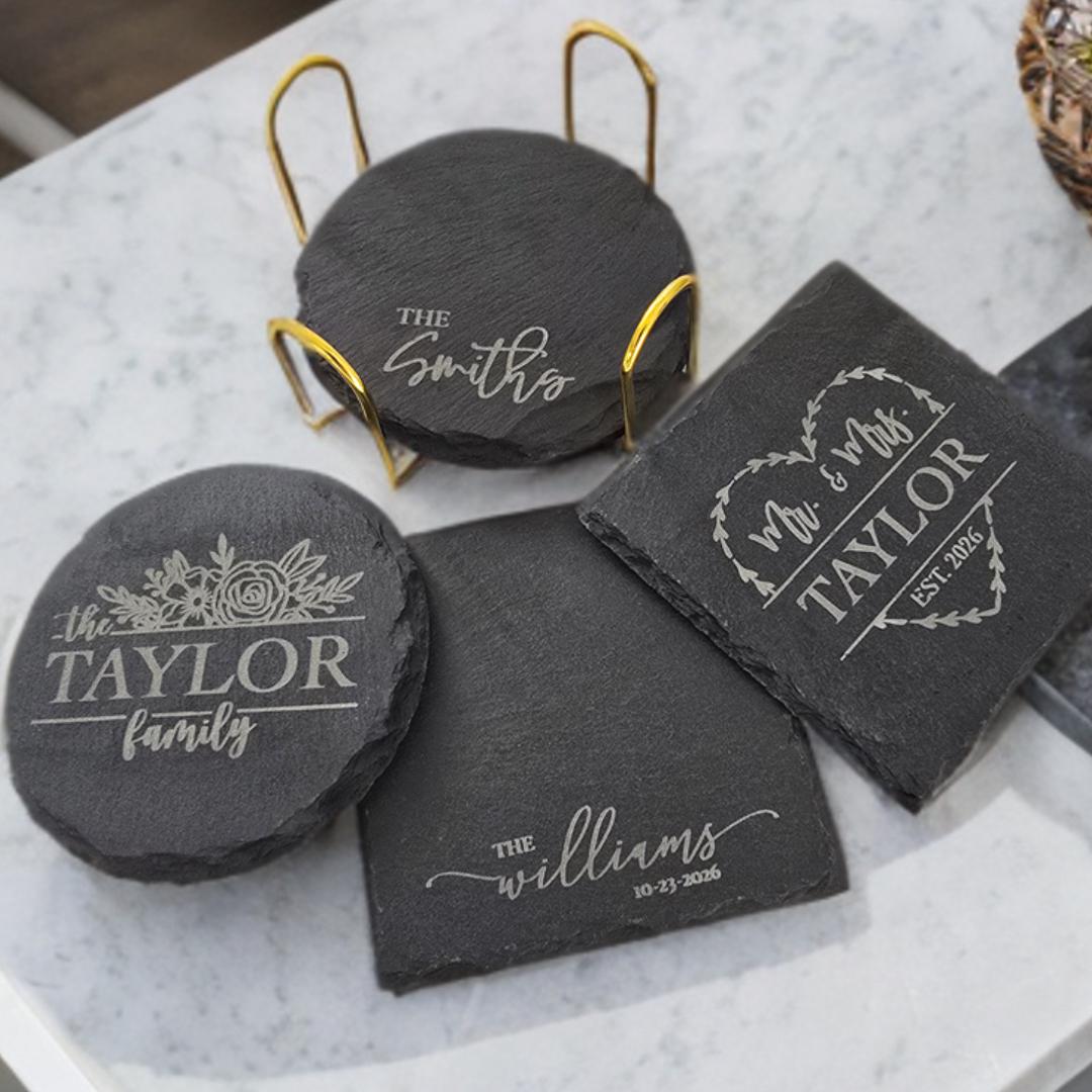 Engraved Slate Coasters | Custom Unique Wedding Gift Personalized Housewarming Gift Set | Last Name Stone Coaster | Newlywed Gift for couple