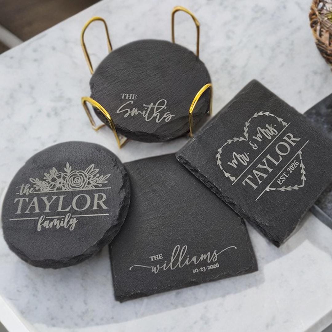 Engraved Slate Coasters | Custom Unique Wedding Gift Personalized Housewarming Gift Set | Last Name Stone Coaster | Newlywed Gift for couple
