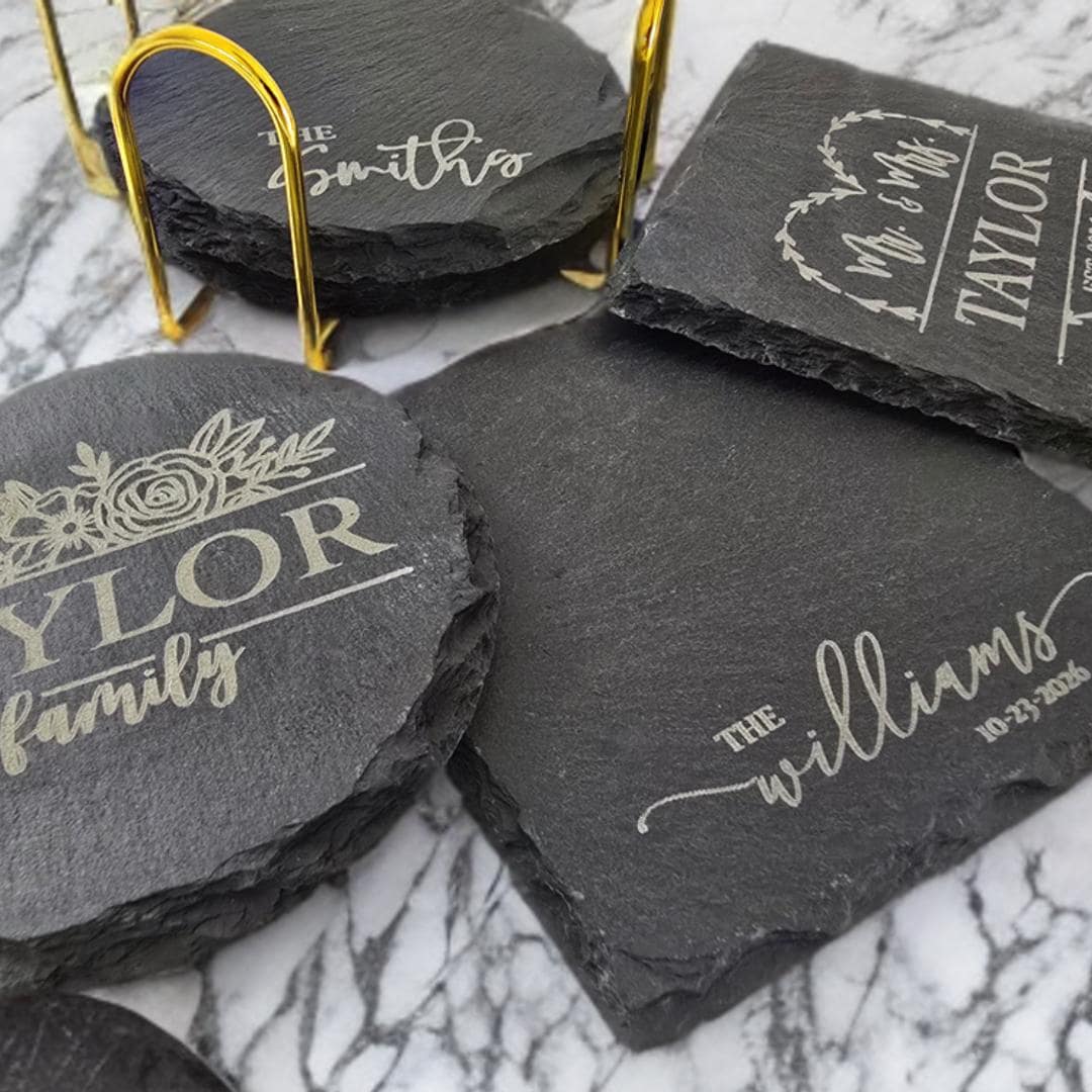 Engraved Slate Coasters | Custom Unique Wedding Gift Personalized Housewarming Gift Set | Last Name Stone Coaster | Newlywed Gift for couple