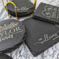 Thumbnail for Engraved Slate Coasters | Custom Unique Wedding Gift Personalized Housewarming Gift Set | Last Name Stone Coaster | Newlywed Gift for couple