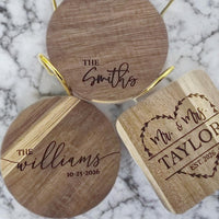 Thumbnail for Engraved Wooden Coasters | Custom Unique Wedding Gift | Personalized Housewarming Gift Set | Last Name Coaster | Newlywed Gift for couple