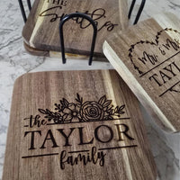 Thumbnail for Engraved Wooden Coasters | Custom Unique Wedding Gift | Personalized Housewarming Gift Set | Last Name Coaster | Newlywed Gift for couple