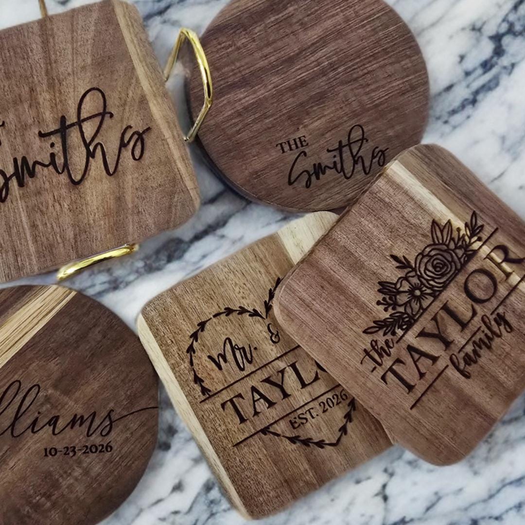 Engraved Wooden Coasters | Custom Unique Wedding Gift | Personalized Housewarming Gift Set | Last Name Coaster | Newlywed Gift for couple