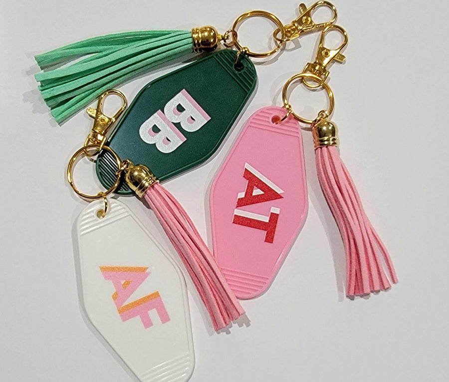 Personalized Shadow Monogram Retro Motel Keychain, Custom Key ring, Bridesmaid Gift, Bridal shower favors, Preppy country club pool party