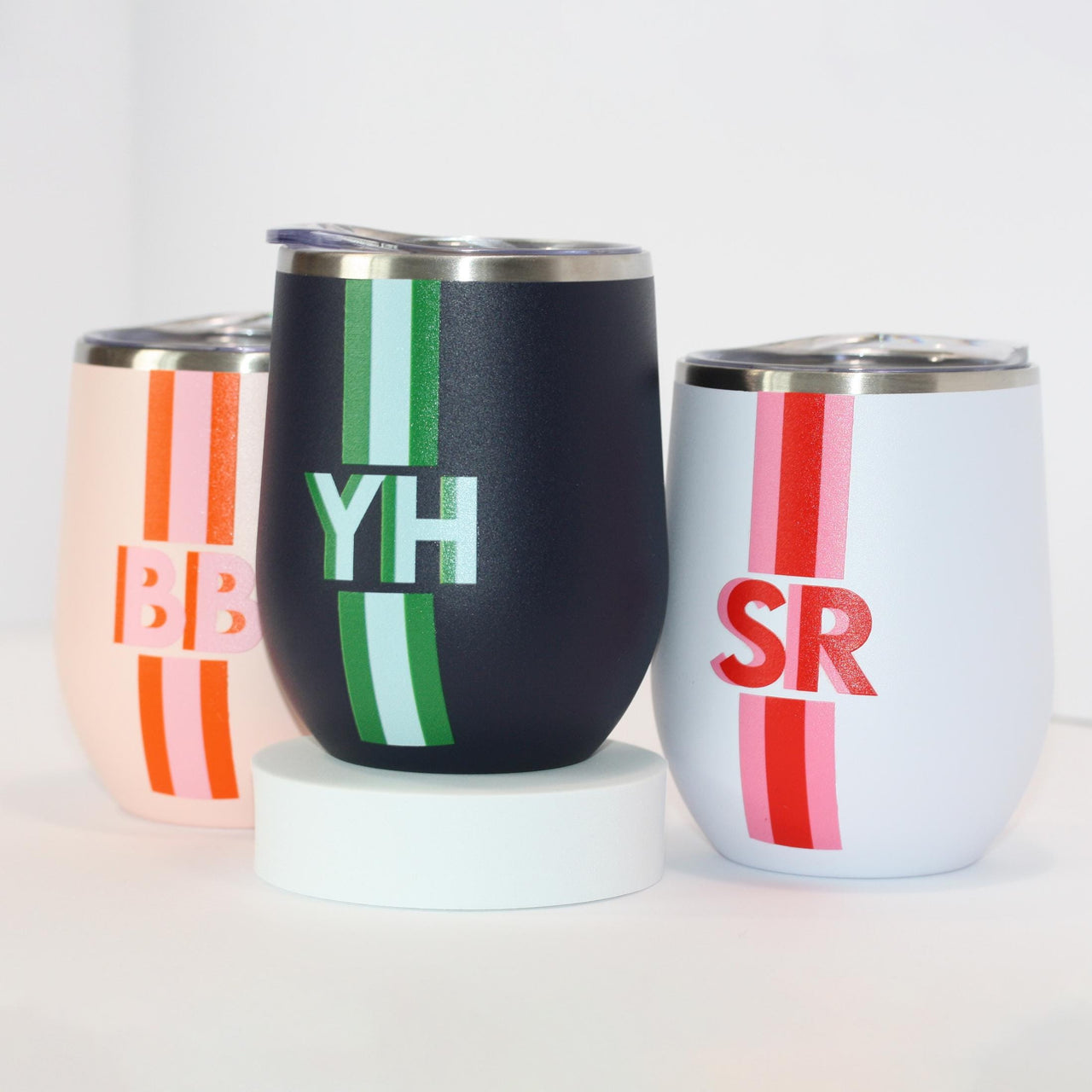 Shadow Monogram Tumbler with lid and straw, Block shadow with stripe, Stemless Wine Tumbler, Colorful Unique Preppy Y2k Gift