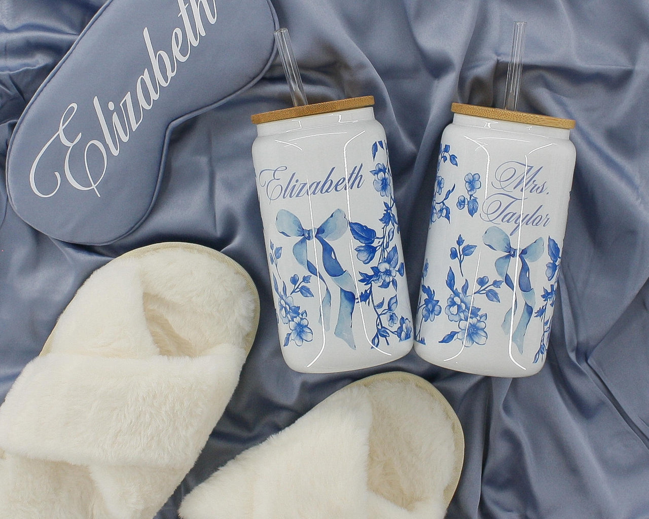 Personalized Coquette Glass Ice Coffee Cup, French Toile with Bow tumbler, Something Blue for Bride and Bridesmaids Gifts, Unique Proposal
