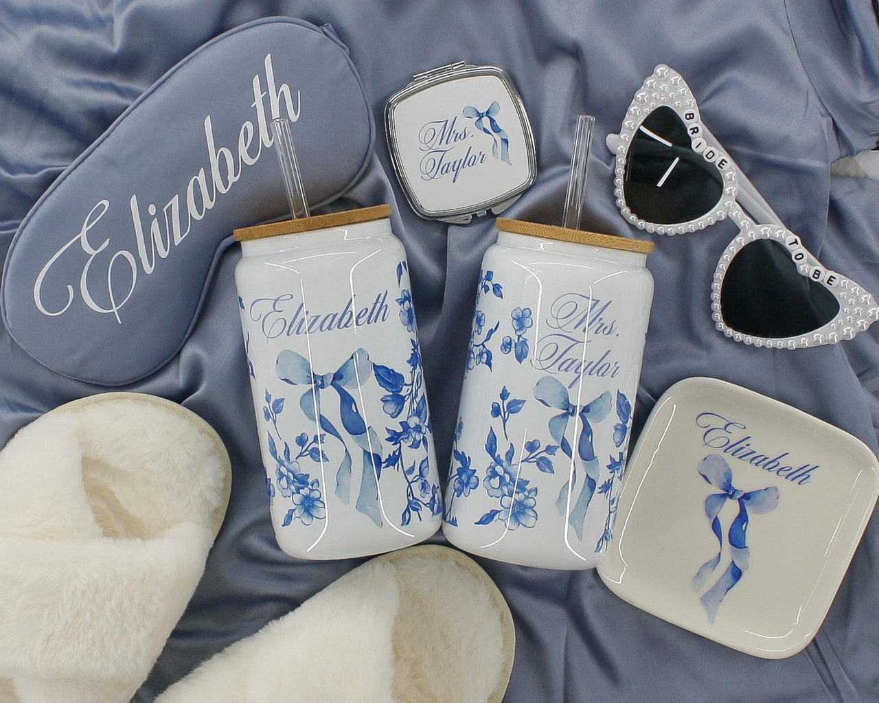 Personalized Coquette Glass Ice Coffee Cup, French Toile with Bow tumbler, Something Blue for Bride and Bridesmaids Gifts, Unique Proposal
