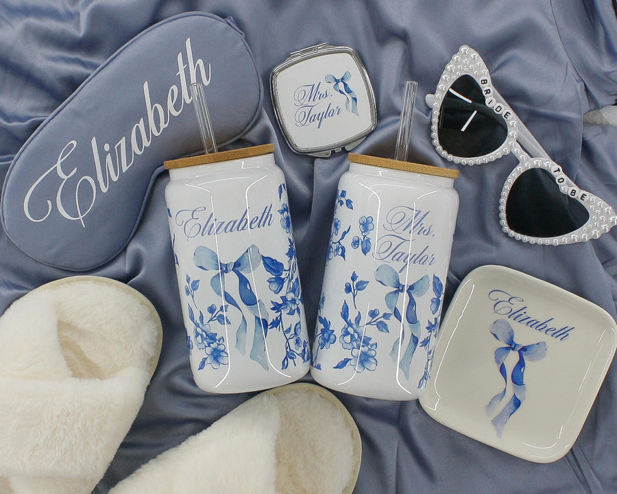 Personalized Coquette Glass Ice Coffee Cup, French Toile with Bow tumbler, Something Blue for Bride and Bridesmaids Gifts, Unique Proposal