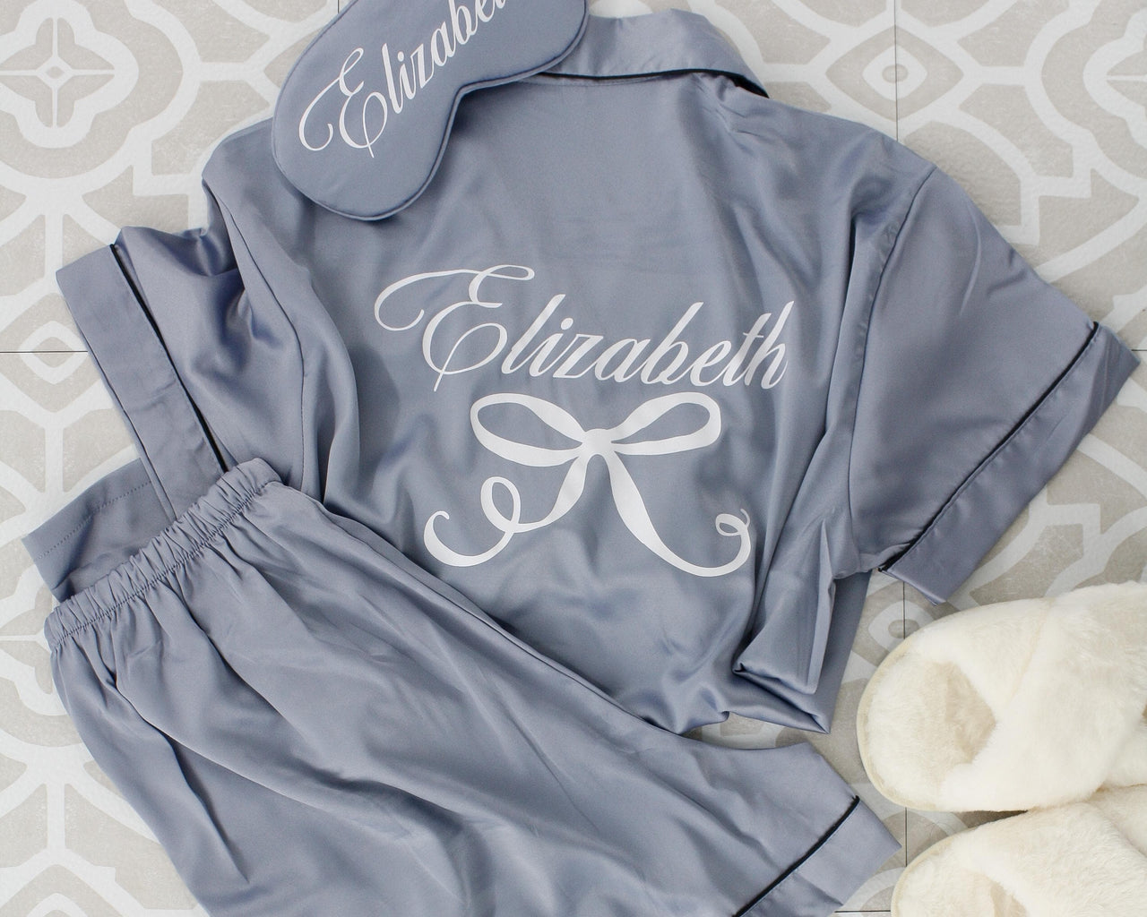 Personalized Bride Getting Ready Pj Short + sleepmask Set, Coquette bow Bridesmaid PJ's, French Toile Pajama Set, Mrs Pajamas, Monogram PJ's
