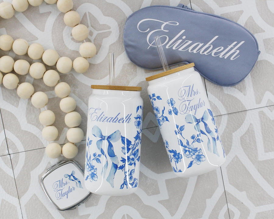 Personalized Coquette Glass Ice Coffee Cup, French Toile with Bow tumbler, Something Blue for Bride and Bridesmaids Gifts, Unique Proposal