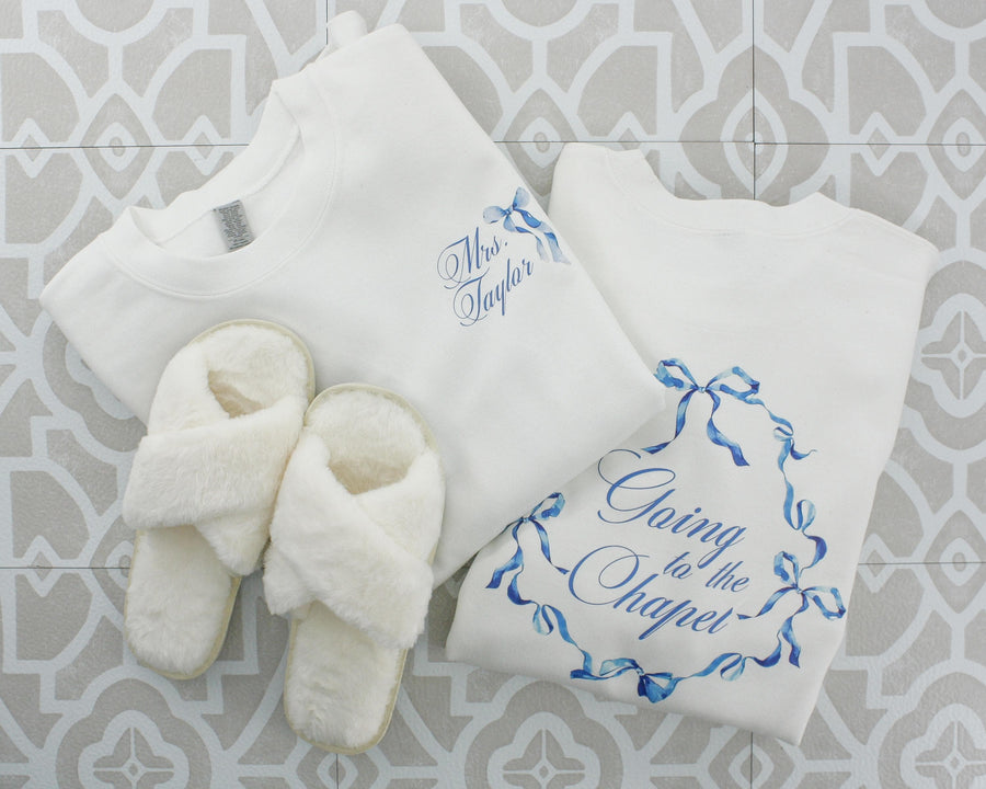 Bride to be Crew neck, Going to the chapel personalized last name sweatshirt, Something Blue Gift for the future mrs, Coquette French Toile