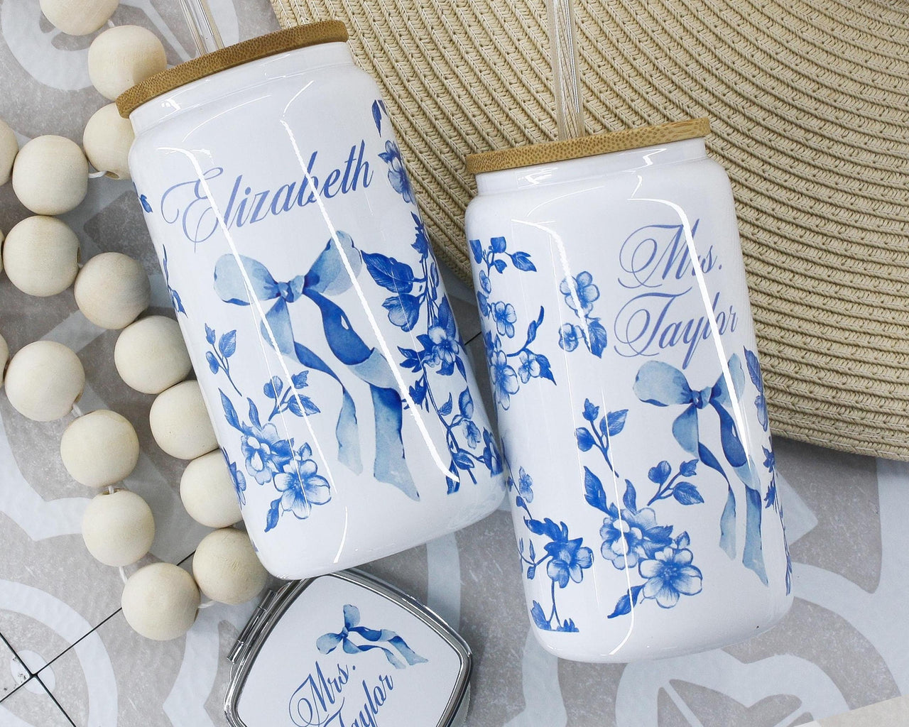 Personalized Coquette Glass Ice Coffee Cup, French Toile with Bow tumbler, Something Blue for Bride and Bridesmaids Gifts, Unique Proposal