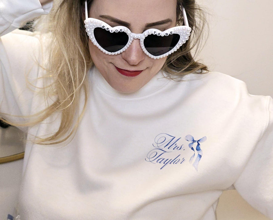 Bride to be Crew neck, Going to the chapel personalized last name sweatshirt, Something Blue Gift for the future mrs, Coquette French Toile