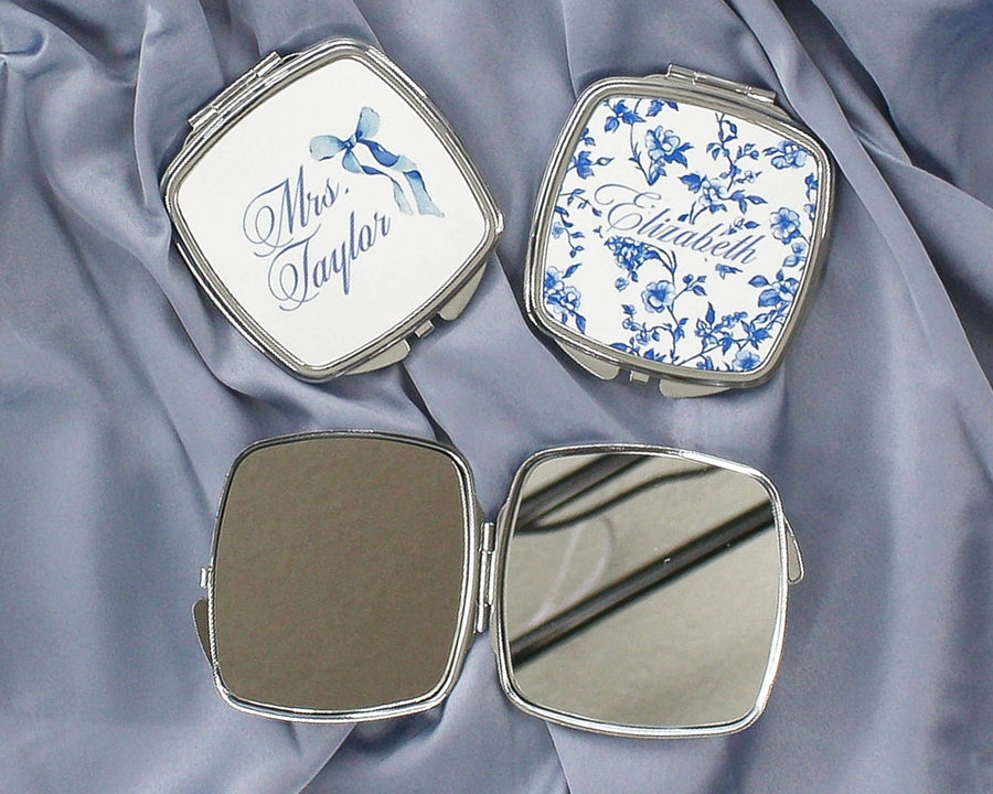 Personalized coquette bow compact mirror, french toile print custom pocket mirror, something blue, Bridesmaid Gifts, bridal shower gift