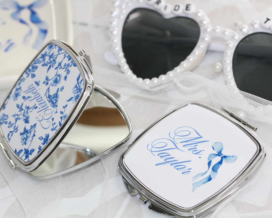 Personalized coquette bow compact mirror, french toile print custom pocket mirror, something blue, Bridesmaid Gifts, bridal shower gift