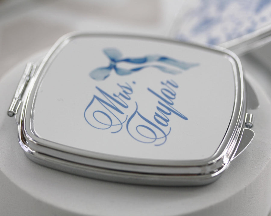 Personalized coquette bow compact mirror, french toile print custom pocket mirror, something blue, Bridesmaid Gifts, bridal shower gift