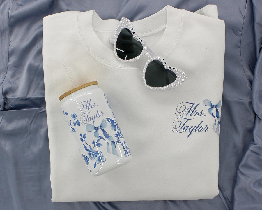Bride to be Crew neck, Going to the chapel personalized last name sweatshirt, Something Blue Gift for the future mrs, Coquette French Toile